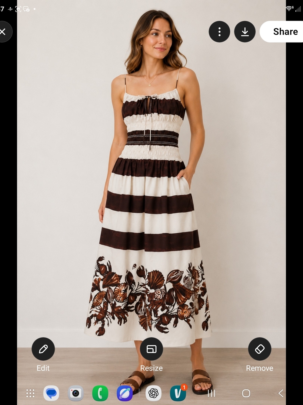 J. Crew Brown & Cream Striped Maxi Dress with Floral Border